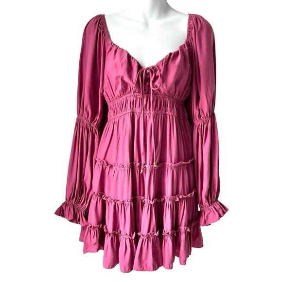 Fit & Flare Princess Dress Medium Cranberry Rose Boho Ruffle Babydoll Milkmaid - Picture 1 of 15